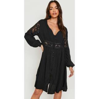 👉 Zwangerschap Boho Midi Skater Jurk Met Kanten Insert, Black