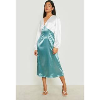👉 Contrasterende Satijnen Midi Jurk, Sage