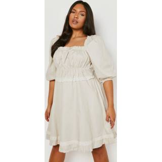 👉 Plus Katoenen Skater Jurk Met Ruches, Stone