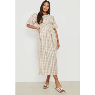👉 Tall Gingham Maxi Jurk Met Open Rug En Pofmouwen, Stone