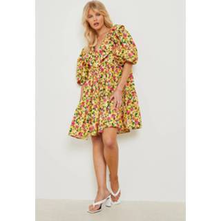 👉 Mini jurk geel Gesmokte Bloemen Met Franjes, Yellow