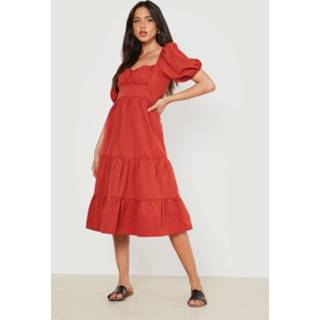👉 Skater jurk chocoladebruin Poplin Melkmeisjes Midi Met Pofmouwen, Chocolate