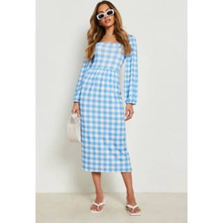 Gesmokte Gingham Zonnejurk Met Pofmouwen, Blue