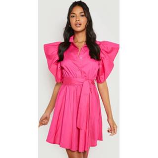 👉 Katoenen Poplin Blouse Jurk Met Geplooide Mouwen En Ceintuur, Bright Pink