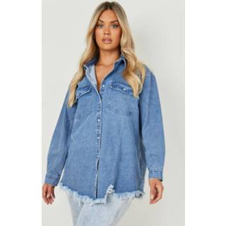 Blauw Mid Blue Plus Versleten Cowboy Spijkerblouse,