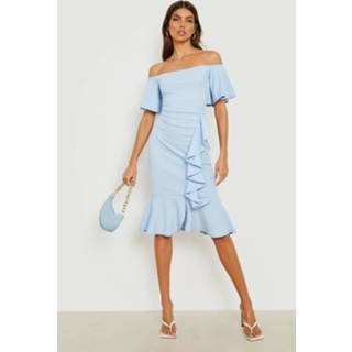 👉 Off Shoulder Gelegenheids Midi Jurk Met Ruches, Sky Blue