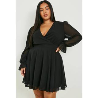 👉 Plus Chiffon Skater Jurk Met Geplooide Mouwen, Black