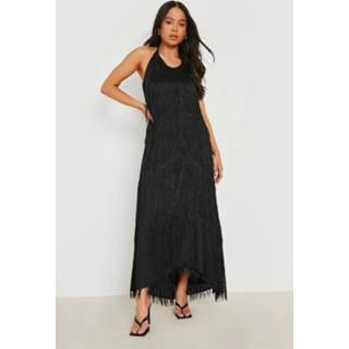 👉 Petite Gerafelde Halter Midi Jurk Met Kwastjes, Black