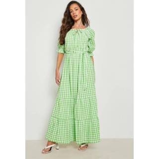 👉 Gingham Off Shoulder Maxi Jurk Met Ceintuur, Green