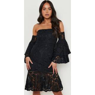 👉 Petite Kanten Off Shoulder Midi Jurk Met Gehaakte Zoom, Black