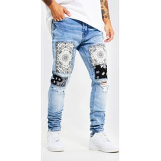 👉 Stacked Skinny Jeans Met Bandana Print Patches, Ice Blue