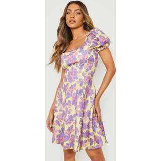 👉 Bloemen Skater Jurk Met Pofmouwen, Yellow