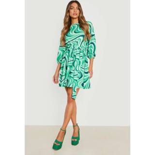 👉 Scuba Crêpe Swirl Print Skater Jurk Met Ceintuur, Green