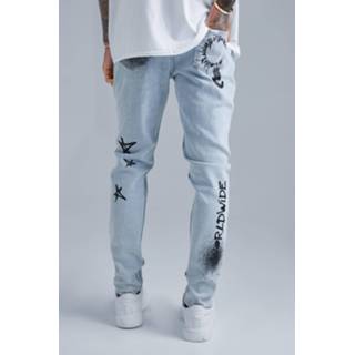 👉 Skinnyjeans blauw Light Blue Stretch Graffiti Skinny Jeans,