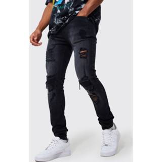 👉 Skinnyjeans zwart washed black Stretch Rip & Repair Stacked Leg Skinny Jeans,