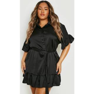 👉 Plus Satijnen Blouse Jurk Met Korte Mouwen En Ruches, Black