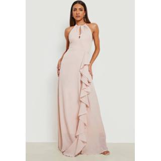 👉 Maxi Jurk Met Hoge Hals En Ruches, Nude