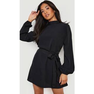 👉 Petite Skater Jurk Met Hoge Hals En Ceintuur, Black