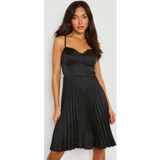 👉 Geplooide Satijnen Skater Jurk, Black