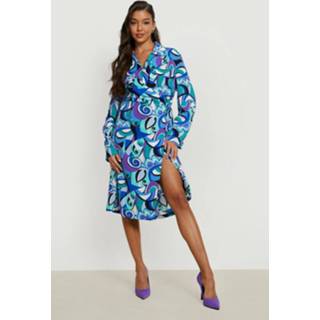 👉 Abstracte Wikkel Blouse Jurk Met Ceintuur, Blue