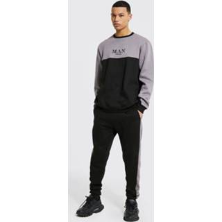 👉 Tall Colour Block Man Trainingspak Met Trui En Tekst, Black