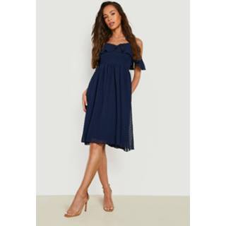 👉 Dobby Midi Skater Jurk Met Open Schouders, Navy