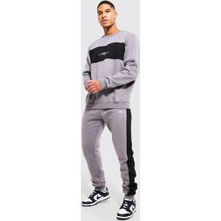 👉 Tall Colour Block Trainingspak Met Trui Met Tekst, Dark Grey