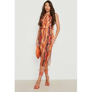 👉 Tall Plisse Geplooide Midi Jurk Met Print En Split, Rust