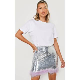 👉 Glitter Mini Rokje Met Veren Zoom En Pailletten, Silver