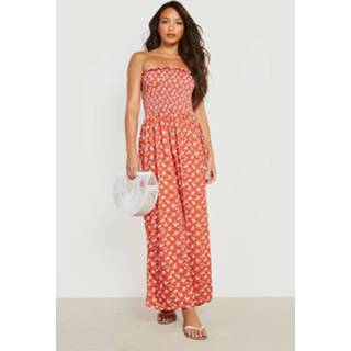 👉 Jurk rood Tall Geplooide Strapless Bloemen Maxi Jurk, Red