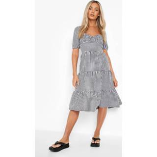 👉 Skater jurk zwart Geruite Midi Met Pofmouwen En Laagjes, Black