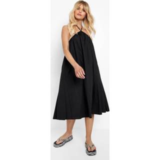 Gesmokte Halter Midi Jurk Met Bandjes, Black