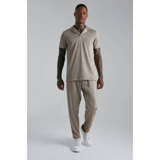 👉 Geplooide Slim Fit Polo Met Revers Kraag En Joggingbroek Set, Taupe