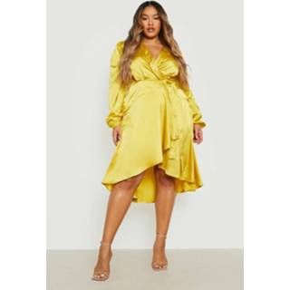 👉 Skater jurk olijfgroen Plus Satijnen Midi Wikkel Jurk, Olive