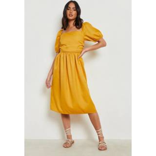 Midi Jurk Met Pofmouwen En Vierkante Hals, Mustard