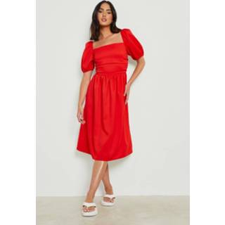 👉 Midi Jurk Met Pofmouwen En Vierkante Hals, Red