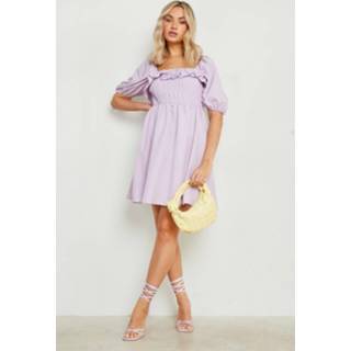 👉 Geplooide Skater Jurk Met Pofmouwen, Lilac