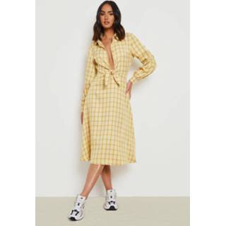 👉 Geruite Midi Blouse Jurk Met Strik, Mustard