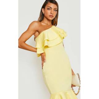👉 Scuba Peplum Midi Jurk Met Ruches, Lemon