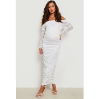 👉 Zwangerschap Geplooide Mesh Off Shoulder Midi Jurk, Ivory