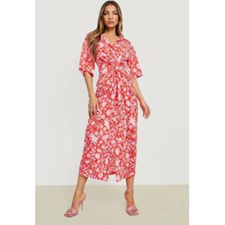 👉 Gedraaide Bloemen Midi Blouse Jurk, Red