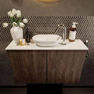 👉 Toiletmeubel bruin witte eiken melamine wit hangend fowy mat enkel midden Mondiaz 80cm dark brown met waskom en kraangat 6017328515578