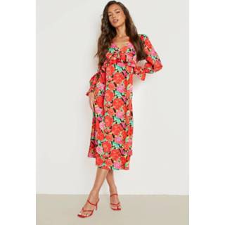 👉 Bloemen Midaxi Jurk Met Laag Decolleté En Ruches, Red