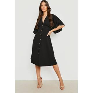 👉 Midi jurk zwart Doorknoop Met Engelenmouwen, Black