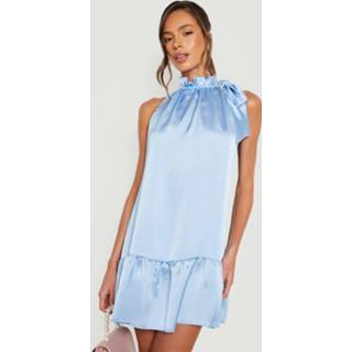👉 Gesmokte Satijnen Jurk Met Hoge Hals En Franjes, Dusty Blue