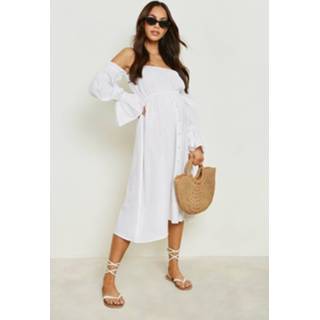 👉 Zwangerschap Linnen Off Shoulder Midi Jurk Met Pofmouwen, Ivory