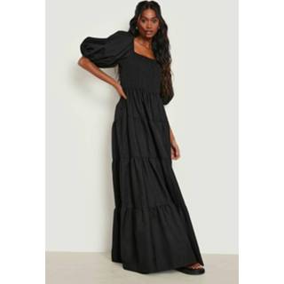 👉 Jurk zwart Geplooide Gesmokte Maxi Met Extreme Pofmouwen, Black