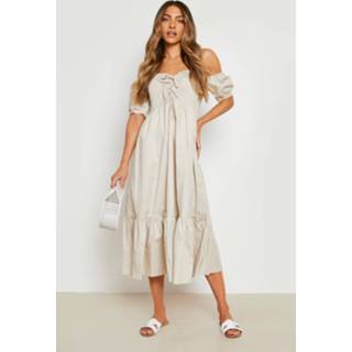 👉 Midi jurk stone Geplooide Katoenen Off Shoulder Jurk,