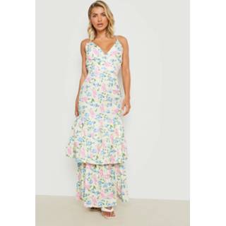 👉 Bloemen Maxi Jurk Met Bandjes, Laag Decolleté En Franjes Zoom, Lemon