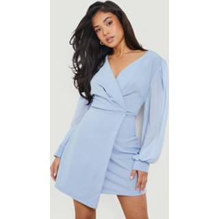 👉 Petite Wikkel Jurk Met Knopen En Chiffon Mouwen, Sky Blue